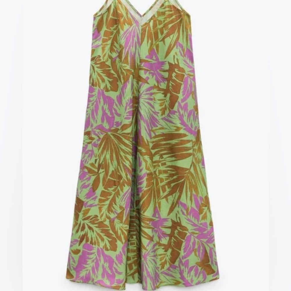 NWOT Zara Vibrant Tropical Linen/Cotton Green and Purple Maxi Dress